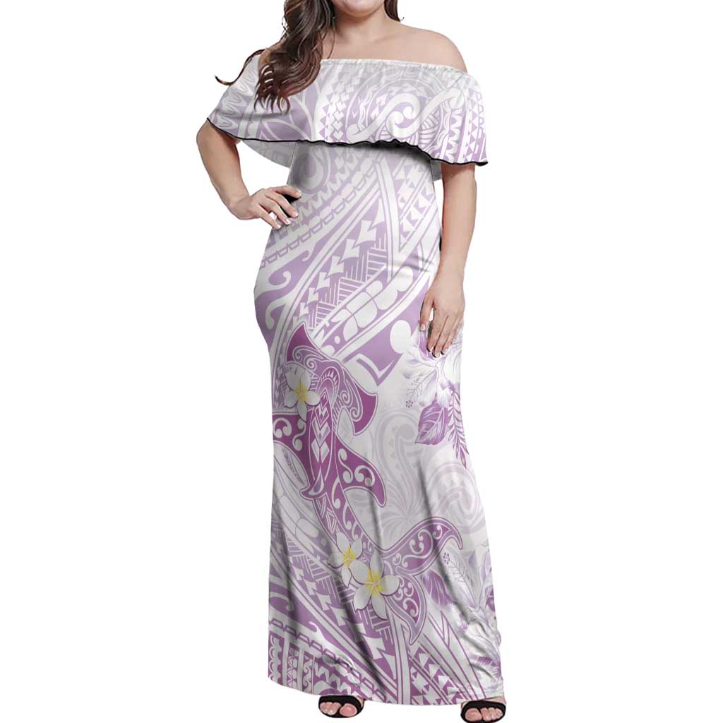 Polynesia Hammerhead Shark Off Shoulder Maxi Dress Tropical Flowers Tribal Pattern Lavender