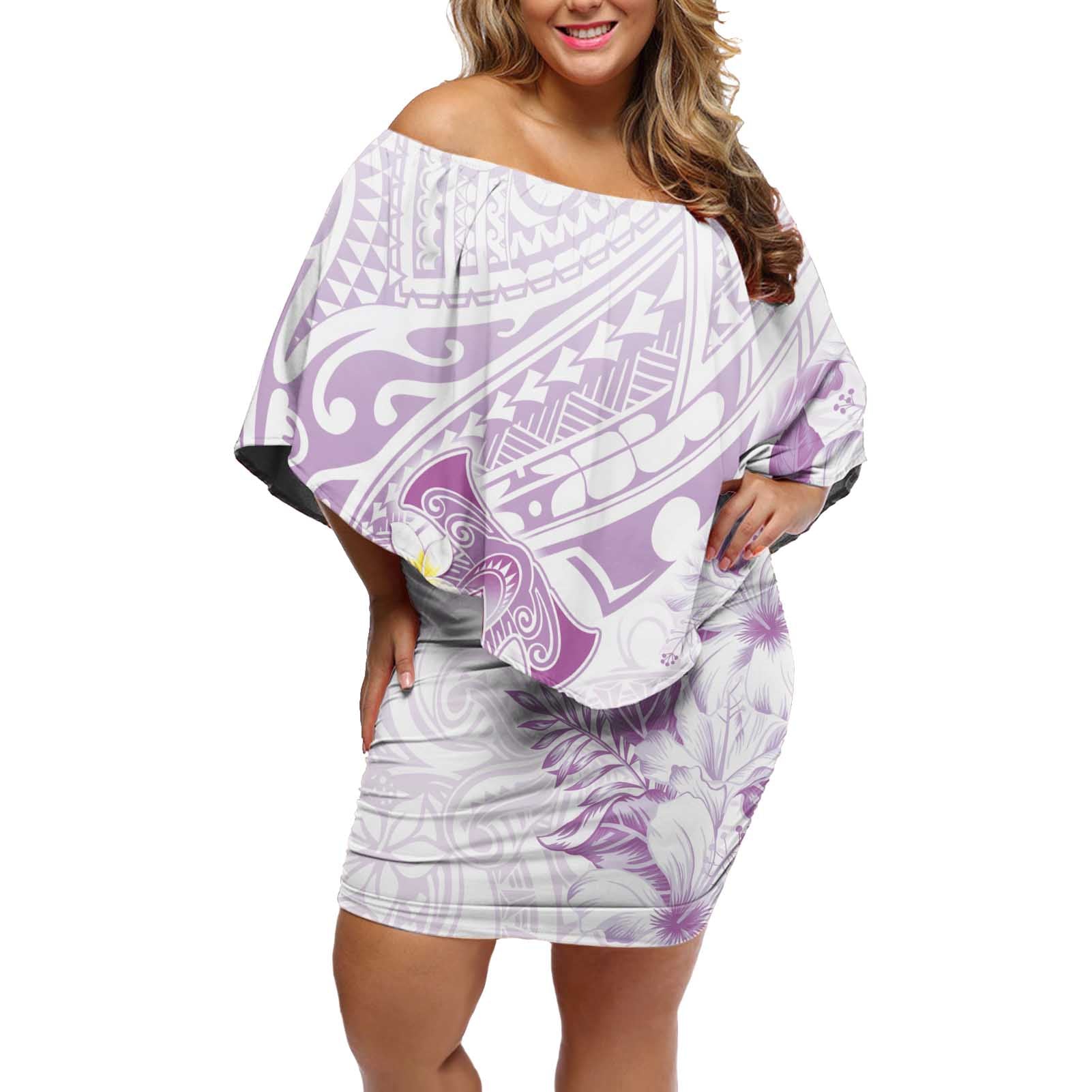 Polynesia Hammerhead Shark Off Shoulder Short Dress Tropical Flowers Tribal Pattern Lavender