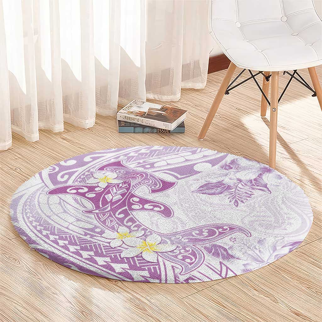 Polynesia Hammerhead Shark Round Carpet Tropical Flowers Tribal Pattern Lavender