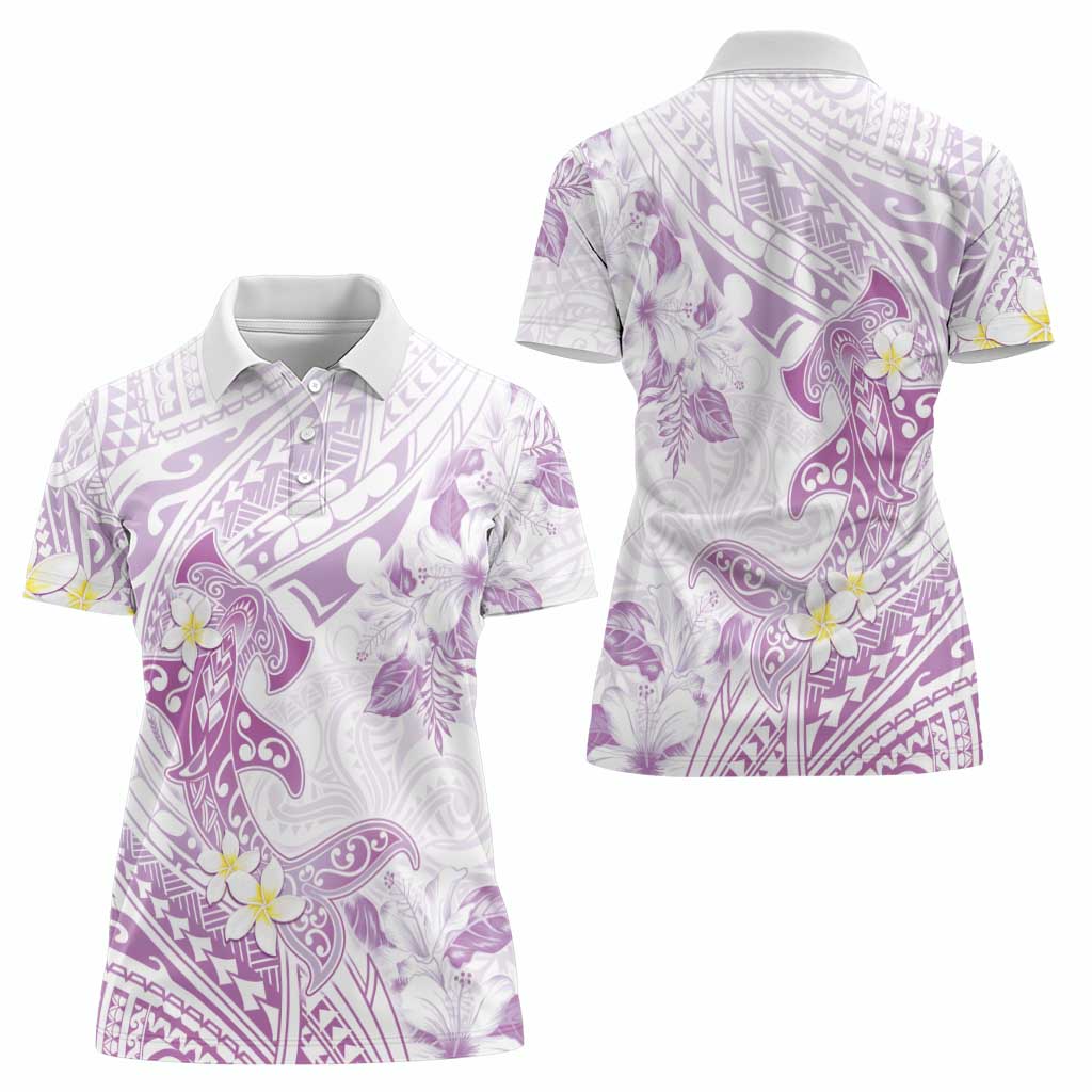 Polynesia Hammerhead Shark Women Polo Shirt Tropical Flowers Tribal Pattern Lavender