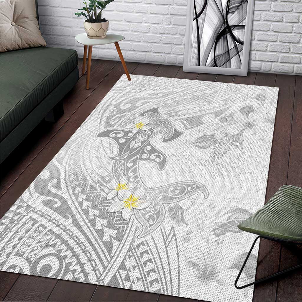 Polynesia Hammerhead Shark Area Rug Tropical Flowers Tribal Pattern White