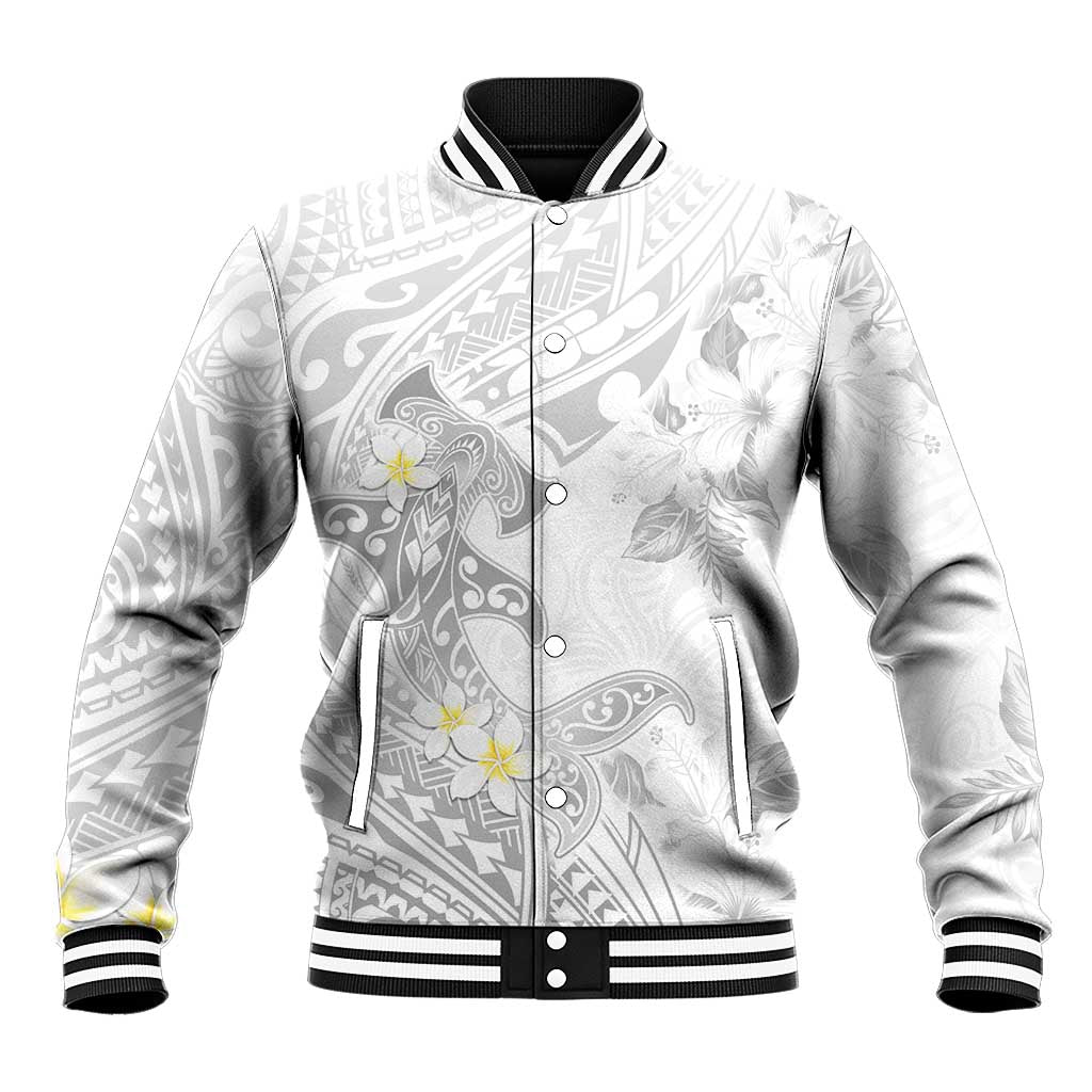 Polynesia Hammerhead Shark Baseball Jacket Tropical Flowers Tribal Pattern White