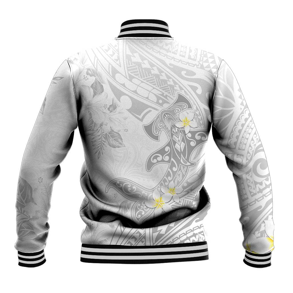 Polynesia Hammerhead Shark Baseball Jacket Tropical Flowers Tribal Pattern White
