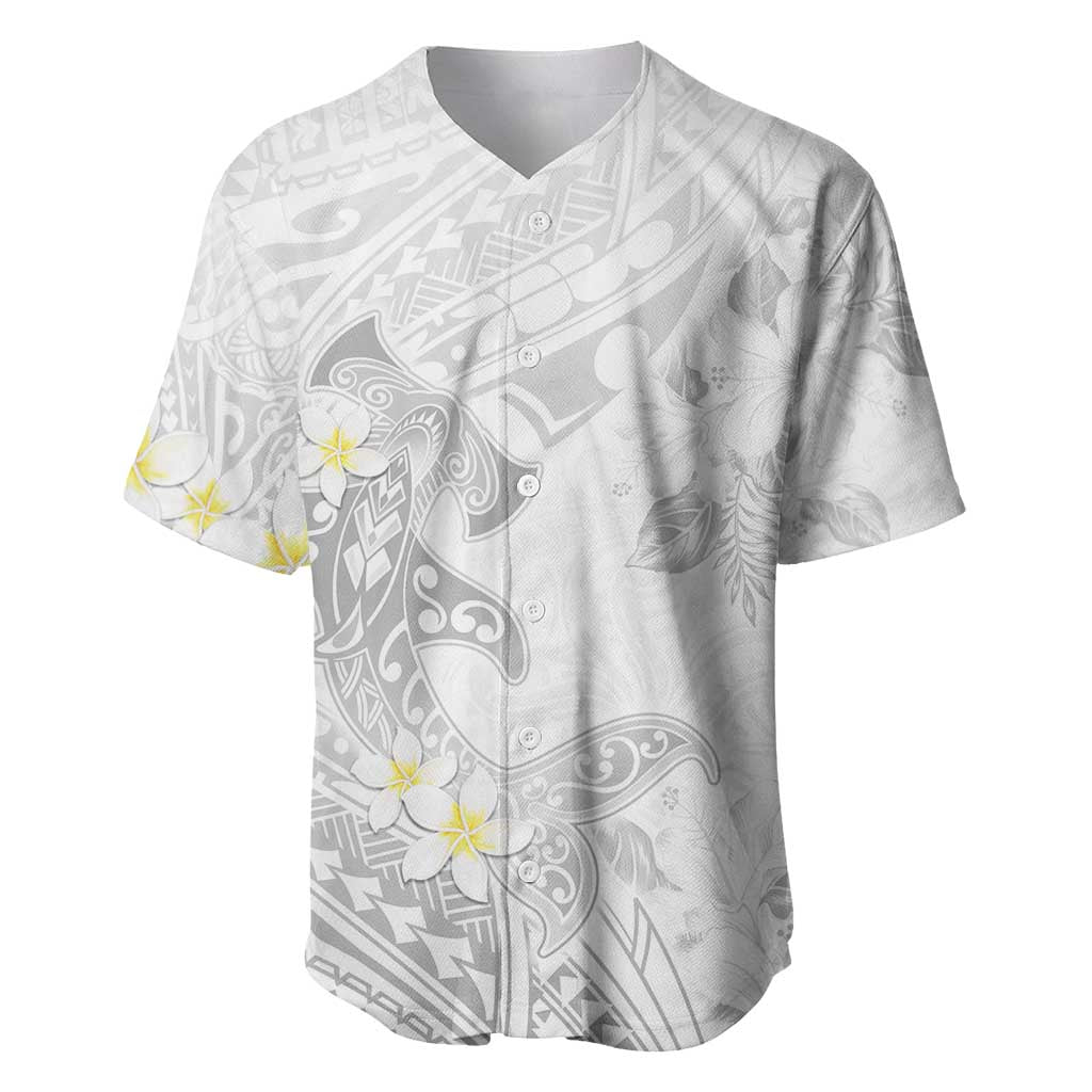 Polynesia Hammerhead Shark Baseball Jersey Tropical Flowers Tribal Pattern White LT05 White - Polynesian Pride