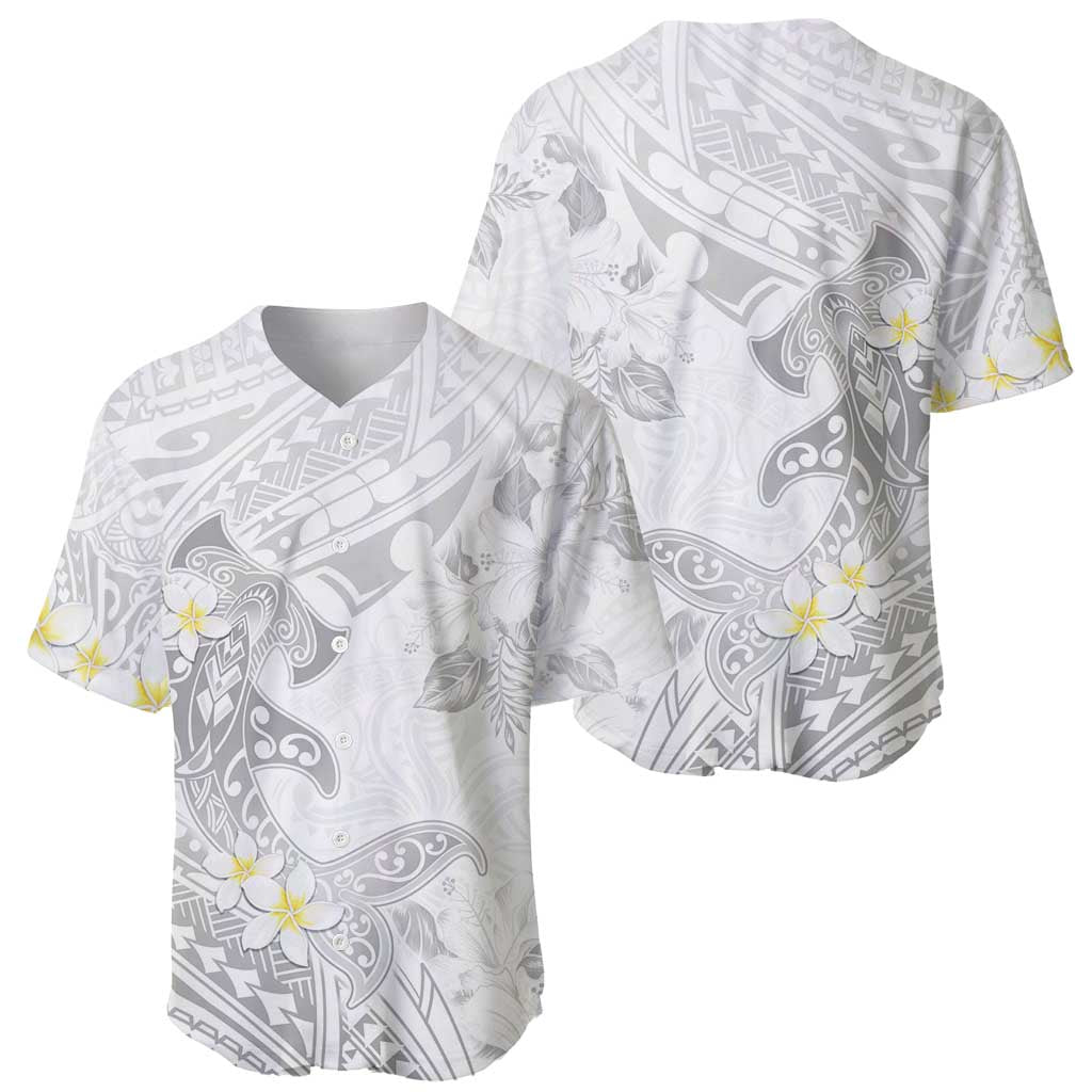 Polynesia Hammerhead Shark Baseball Jersey Tropical Flowers Tribal Pattern White LT05 - Polynesian Pride