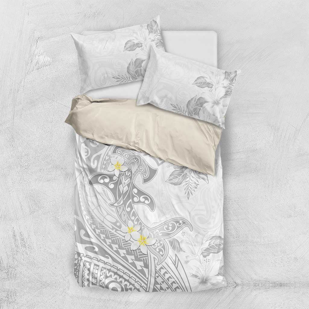 Polynesia Hammerhead Shark Bedding Set Tropical Flowers Tribal Pattern White