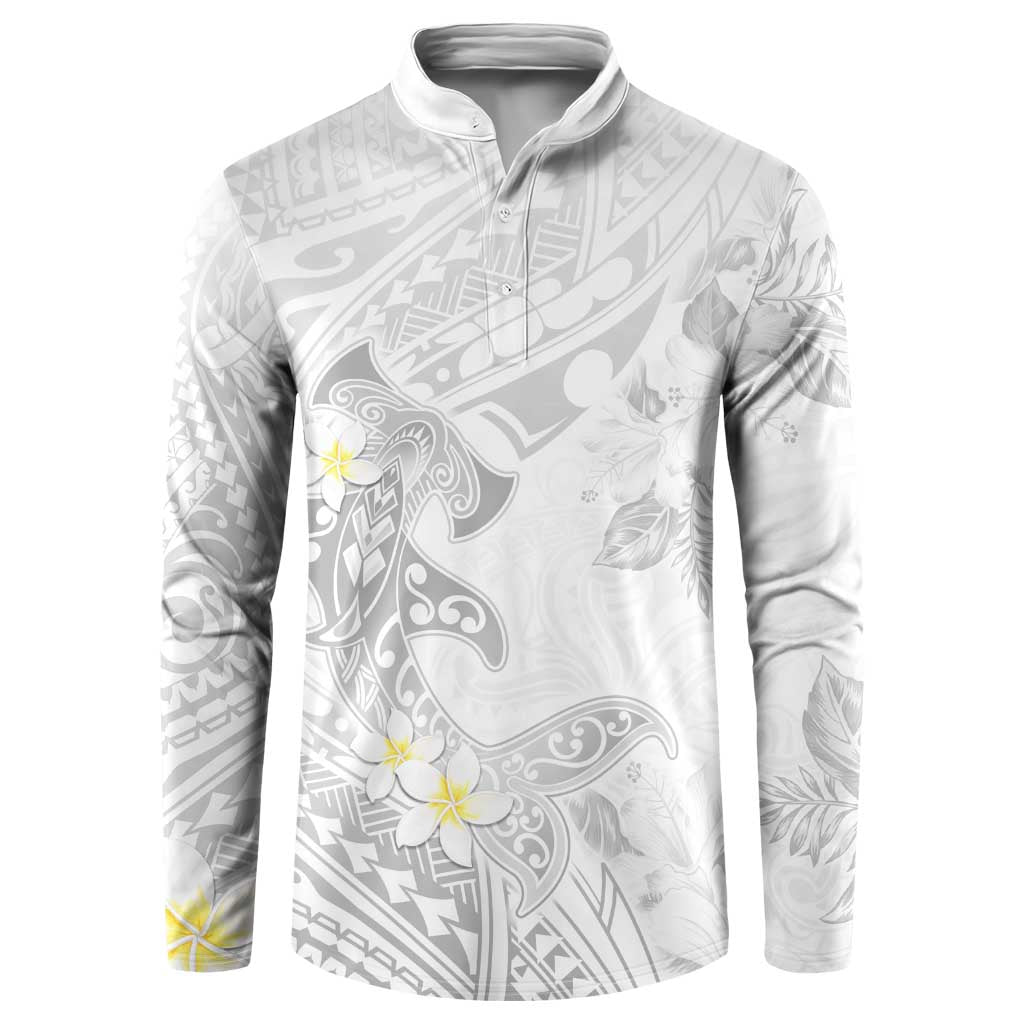 Polynesia Hammerhead Shark Button Sweatshirt Tropical Flowers Tribal Pattern White