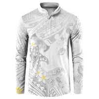 Polynesia Hammerhead Shark Button Sweatshirt Tropical Flowers Tribal Pattern White