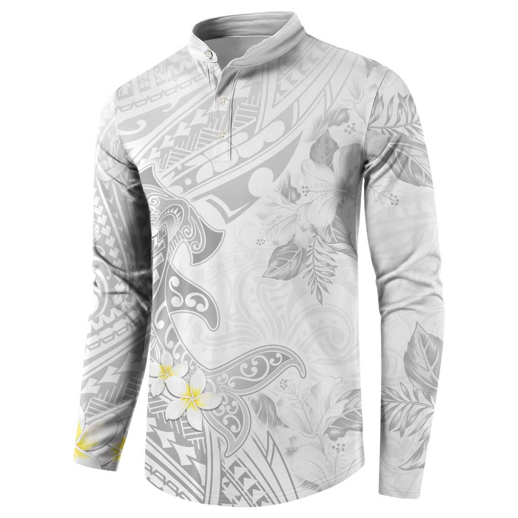 Polynesia Hammerhead Shark Button Sweatshirt Tropical Flowers Tribal Pattern White