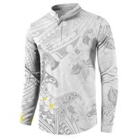 Polynesia Hammerhead Shark Button Sweatshirt Tropical Flowers Tribal Pattern White