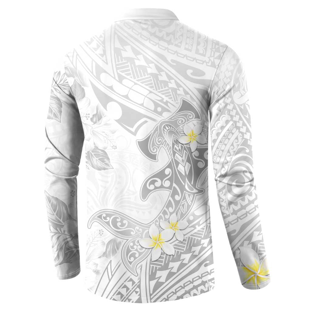 Polynesia Hammerhead Shark Button Sweatshirt Tropical Flowers Tribal Pattern White