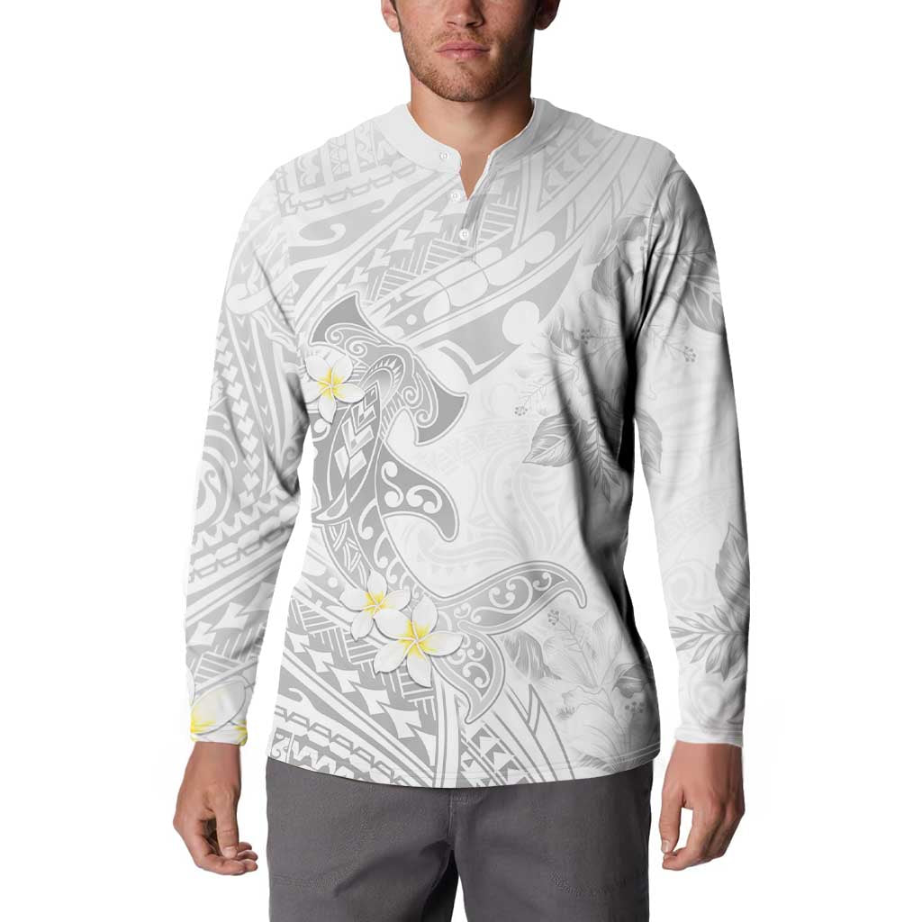 Polynesia Hammerhead Shark Button Sweatshirt Tropical Flowers Tribal Pattern White