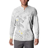 Polynesia Hammerhead Shark Button Sweatshirt Tropical Flowers Tribal Pattern White
