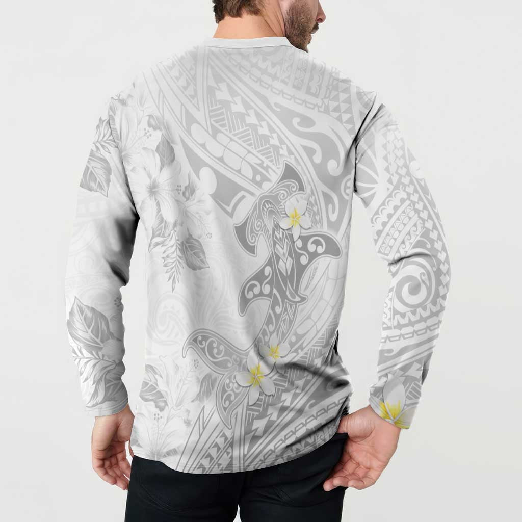 Polynesia Hammerhead Shark Button Sweatshirt Tropical Flowers Tribal Pattern White