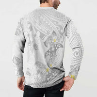 Polynesia Hammerhead Shark Button Sweatshirt Tropical Flowers Tribal Pattern White