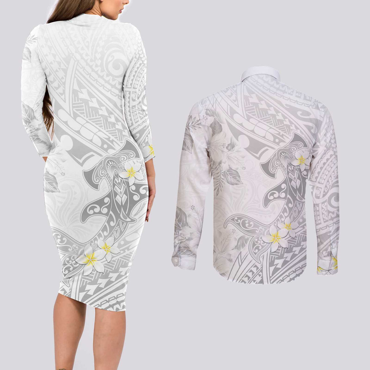 Polynesia Hammerhead Shark Couples Matching Long Sleeve Bodycon Dress and Long Sleeve Button Shirt Tropical Flowers Tribal Pattern White