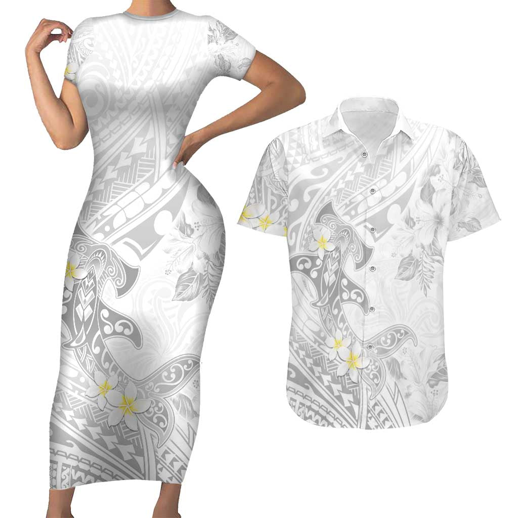 Polynesia Hammerhead Shark Couples Matching Short Sleeve Bodycon Dress and Hawaiian Shirt Tropical Flowers Tribal Pattern White