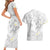 Polynesia Hammerhead Shark Couples Matching Short Sleeve Bodycon Dress and Hawaiian Shirt Tropical Flowers Tribal Pattern White