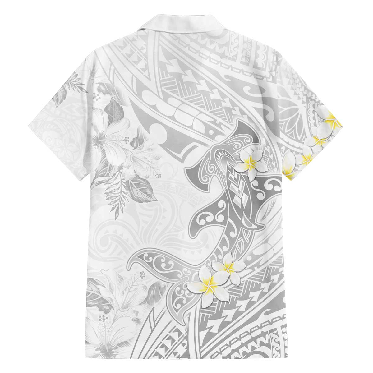 Polynesia Hammerhead Shark Family Matching Off Shoulder Short Dress and Hawaiian Shirt Tropical Flowers Tribal Pattern White