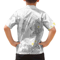 Polynesia Hammerhead Shark Family Matching Puletasi and Hawaiian Shirt Tropical Flowers Tribal Pattern White