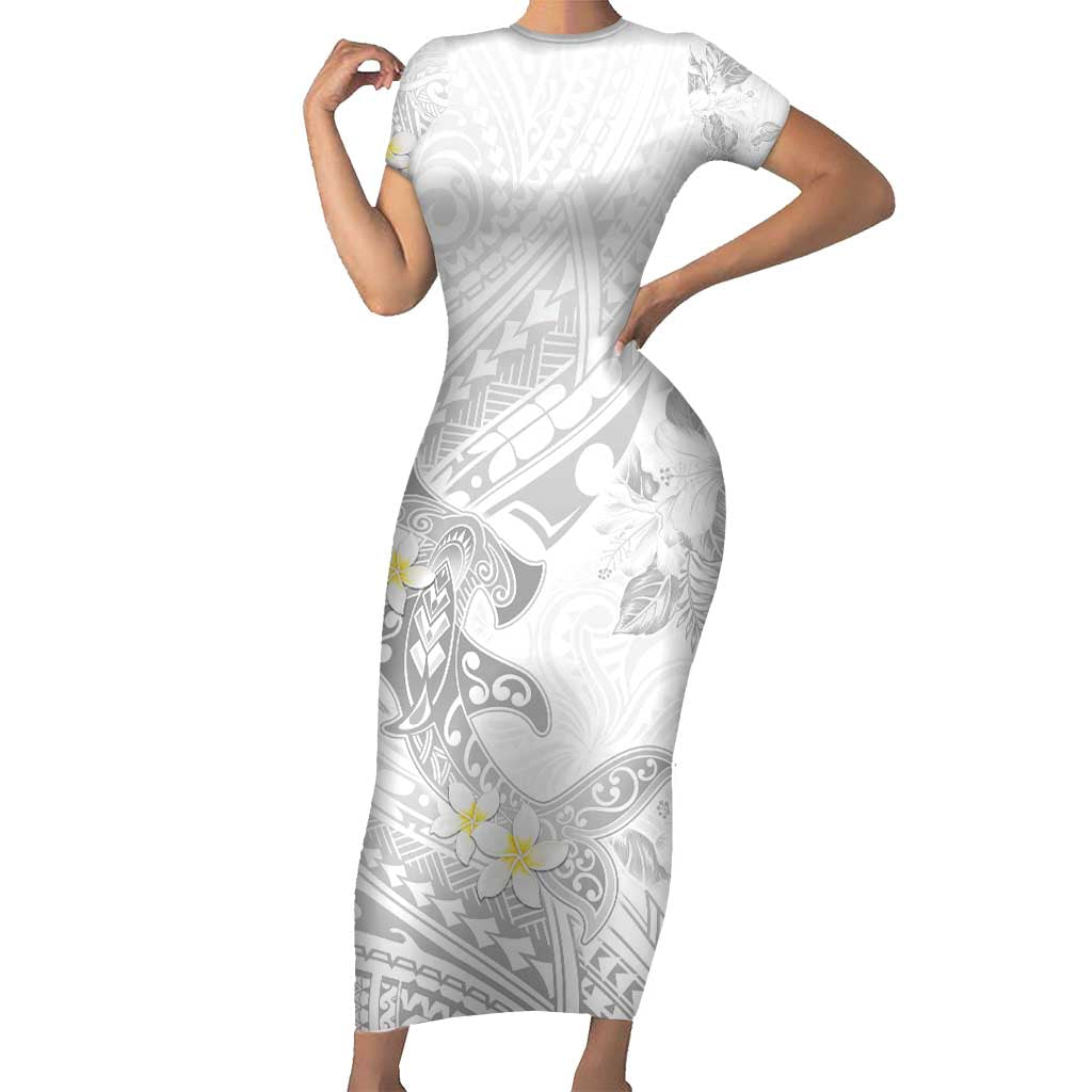 Polynesia Hammerhead Shark Family Matching Short Sleeve Bodycon Dress and Hawaiian Shirt Tropical Flowers Tribal Pattern White