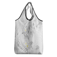 Polynesia Hammerhead Shark Grocery Bag Tropical Flowers Tribal Pattern White