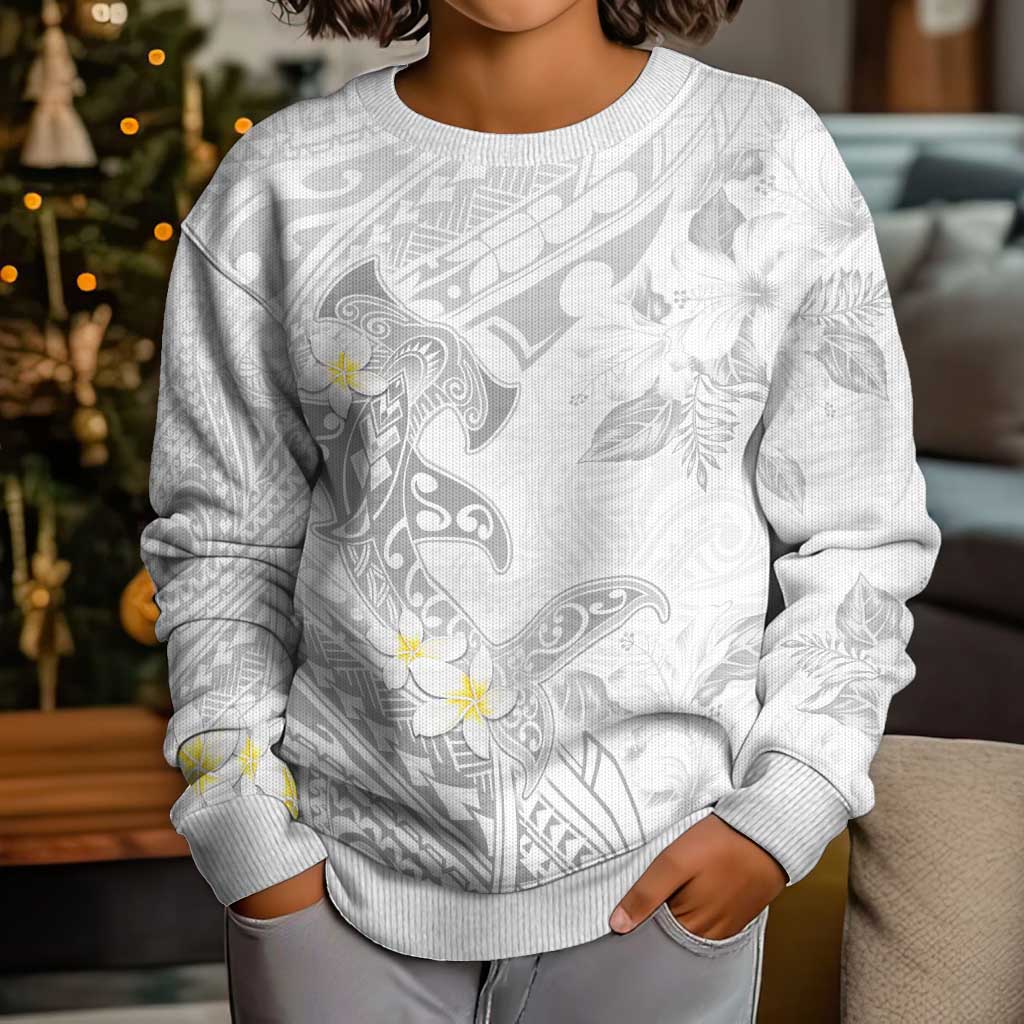 Polynesia Hammerhead Shark Kid Ugly Christmas Sweater Tropical Flowers Tribal Pattern White LT05 - Polynesian Pride