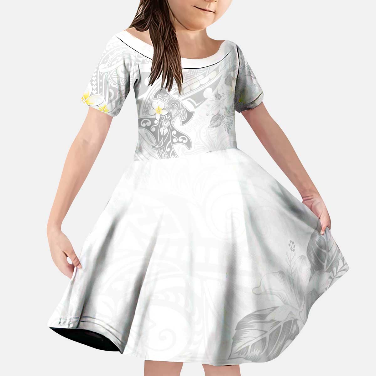 Polynesia Hammerhead Shark Kid Short Sleeve Dress Tropical Flowers Tribal Pattern White LT05 KID White - Polynesian Pride