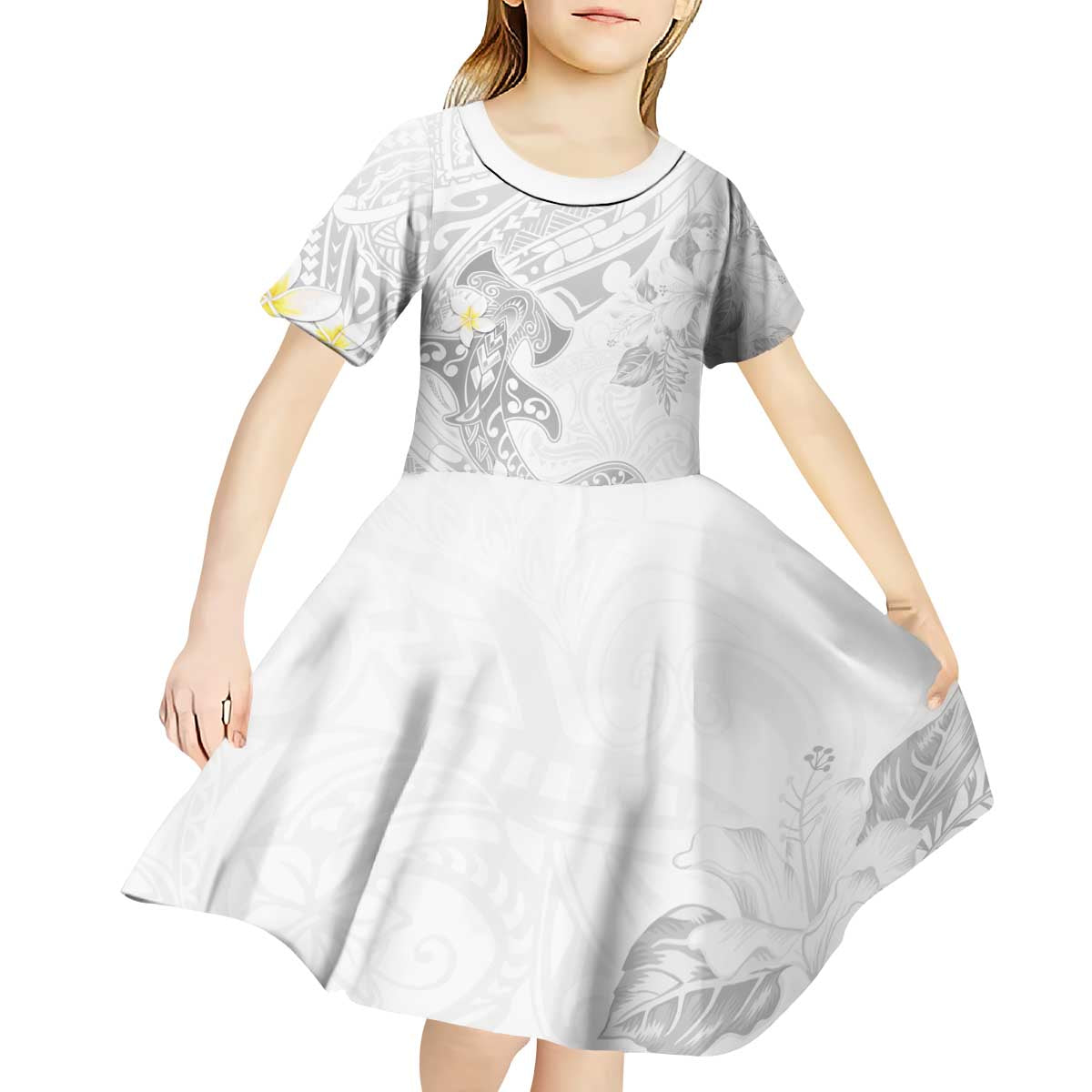 Polynesia Hammerhead Shark Kid Short Sleeve Dress Tropical Flowers Tribal Pattern White LT05 - Polynesian Pride