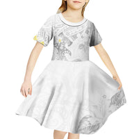 Polynesia Hammerhead Shark Kid Short Sleeve Dress Tropical Flowers Tribal Pattern White LT05 - Polynesian Pride