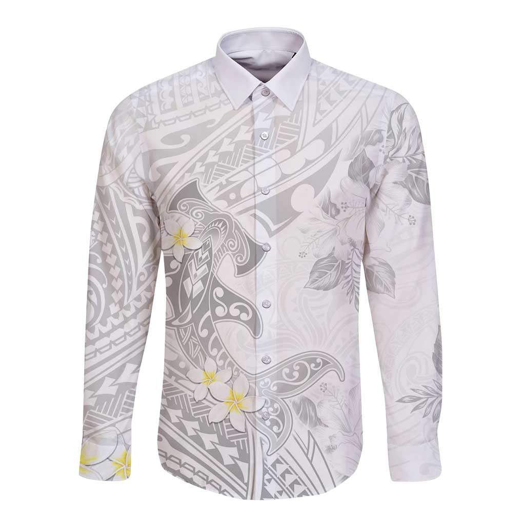 Polynesia Hammerhead Shark Long Sleeve Button Shirt Tropical Flowers Tribal Pattern White LT05 Unisex White - Polynesian Pride