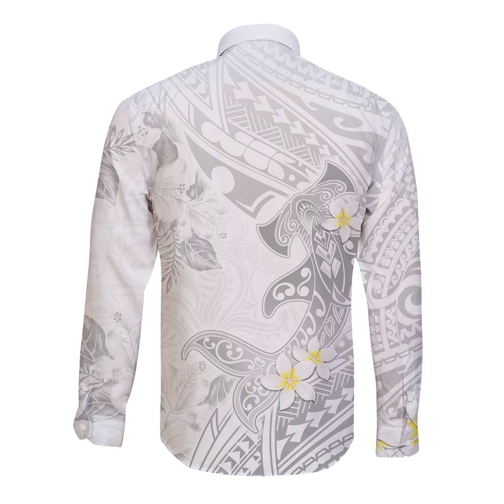 Polynesia Hammerhead Shark Long Sleeve Button Shirt Tropical Flowers Tribal Pattern White LT05 - Polynesian Pride