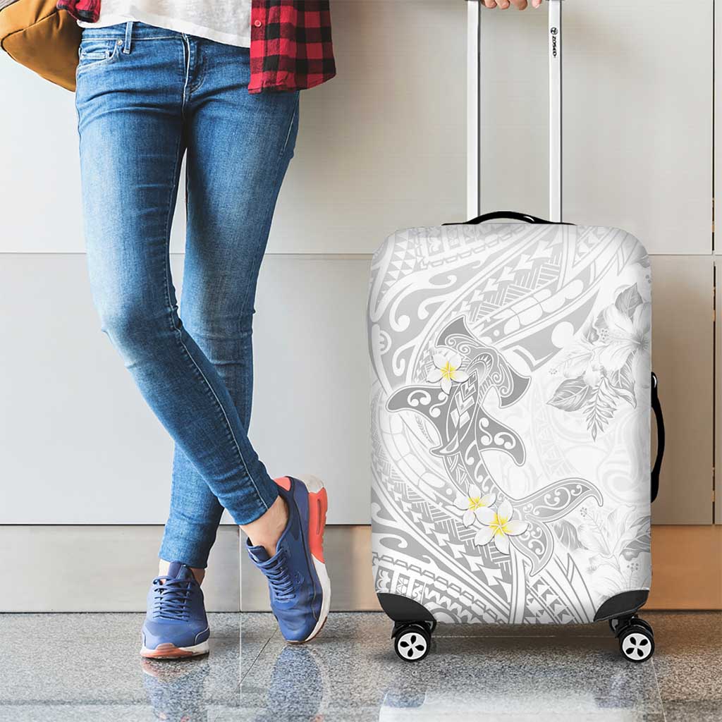 Polynesia Hammerhead Shark Luggage Cover Tropical Flowers Tribal Pattern White