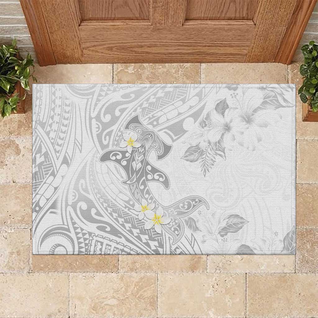 Polynesia Hammerhead Shark Rubber Doormat Tropical Flowers Tribal Pattern White