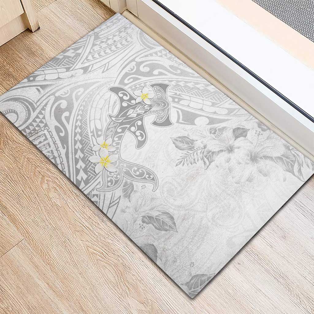 Polynesia Hammerhead Shark Rubber Doormat Tropical Flowers Tribal Pattern White
