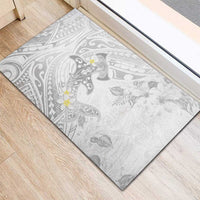 Polynesia Hammerhead Shark Rubber Doormat Tropical Flowers Tribal Pattern White