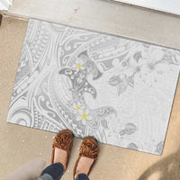 Polynesia Hammerhead Shark Rubber Doormat Tropical Flowers Tribal Pattern White