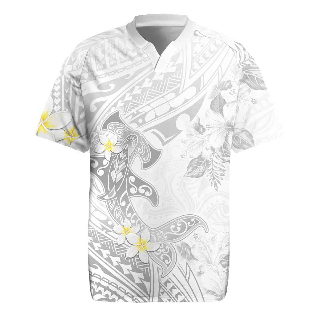 Polynesia Hammerhead Shark Rugby Jersey Tropical Flowers Tribal Pattern White