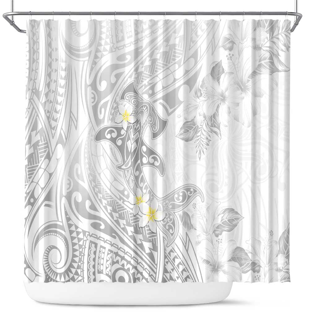 Polynesia Hammerhead Shark Shower Curtain Tropical Flowers Tribal Pattern White LT05 White - Polynesian Pride
