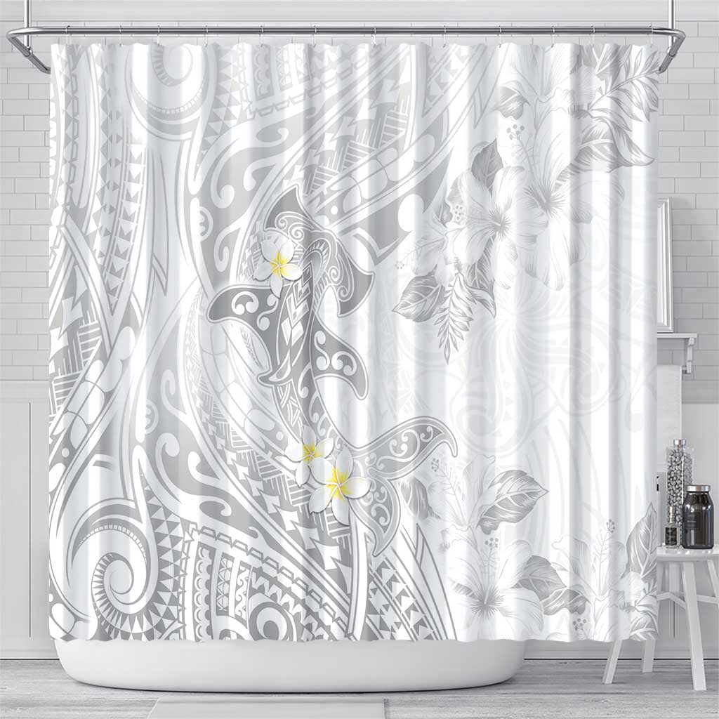 Polynesia Hammerhead Shark Shower Curtain Tropical Flowers Tribal Pattern White LT05 - Polynesian Pride