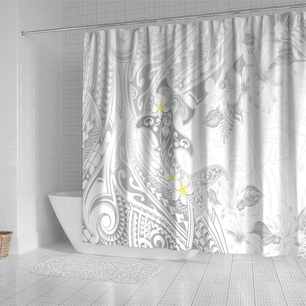 Polynesia Hammerhead Shark Shower Curtain Tropical Flowers Tribal Pattern White LT05 - Polynesian Pride