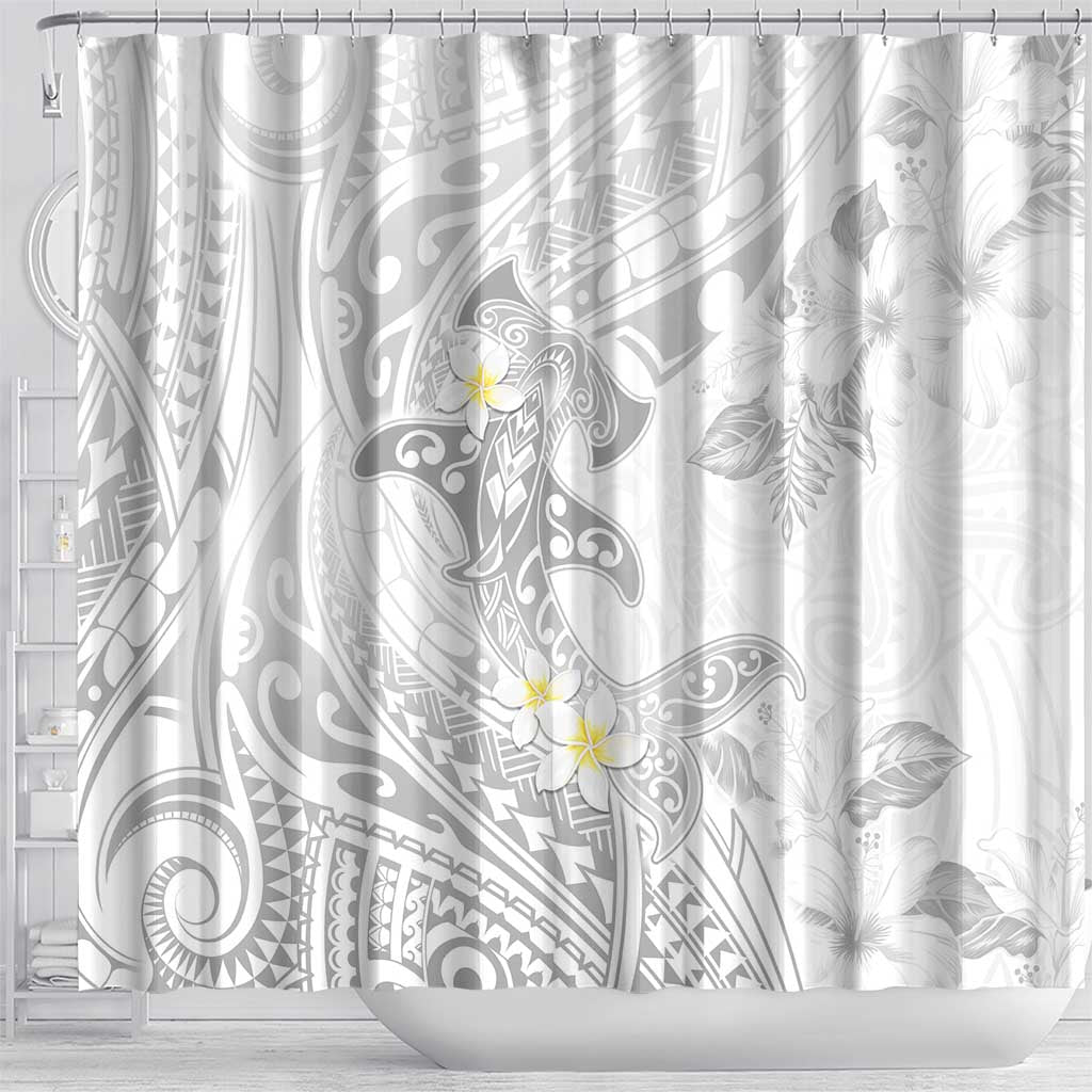 Polynesia Hammerhead Shark Shower Curtain Tropical Flowers Tribal Pattern White LT05 - Polynesian Pride