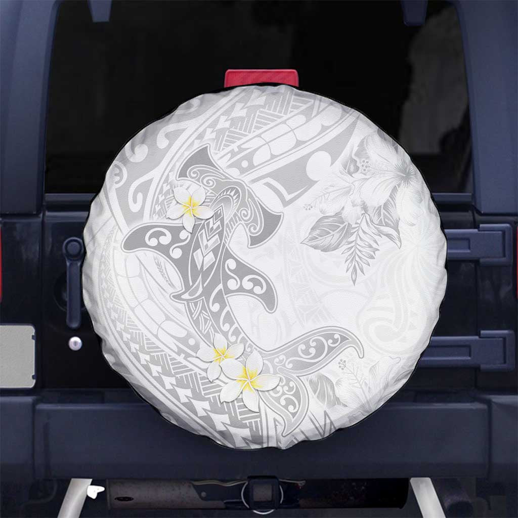 Polynesia Hammerhead Shark Spare Tire Cover Tropical Flowers Tribal Pattern White