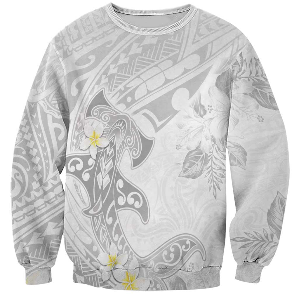 Polynesia Hammerhead Shark Sweatshirt Tropical Flowers Tribal Pattern White LT05 Unisex White - Polynesian Pride