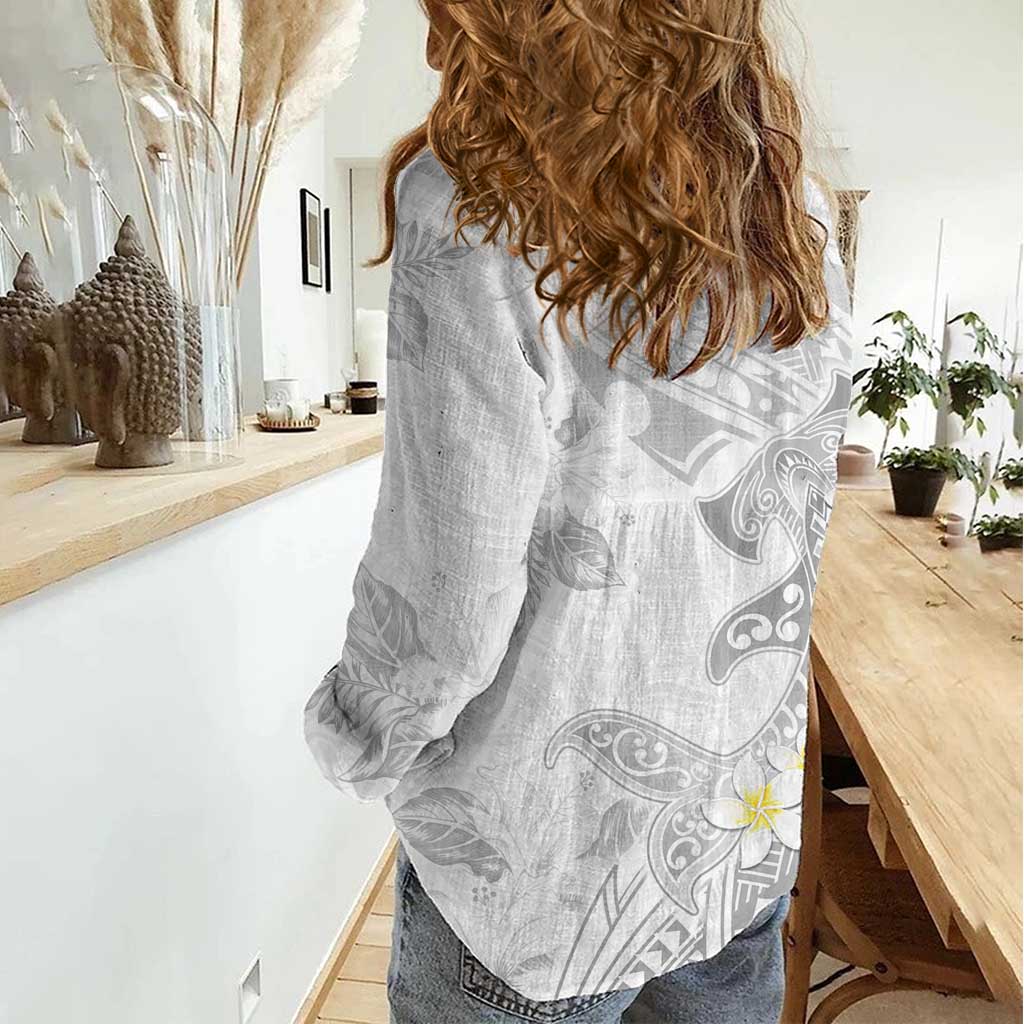 Polynesia Hammerhead Shark Women Casual Shirt Tropical Flowers Tribal Pattern White