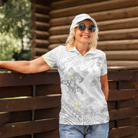 Polynesia Hammerhead Shark Women Polo Shirt Tropical Flowers Tribal Pattern White