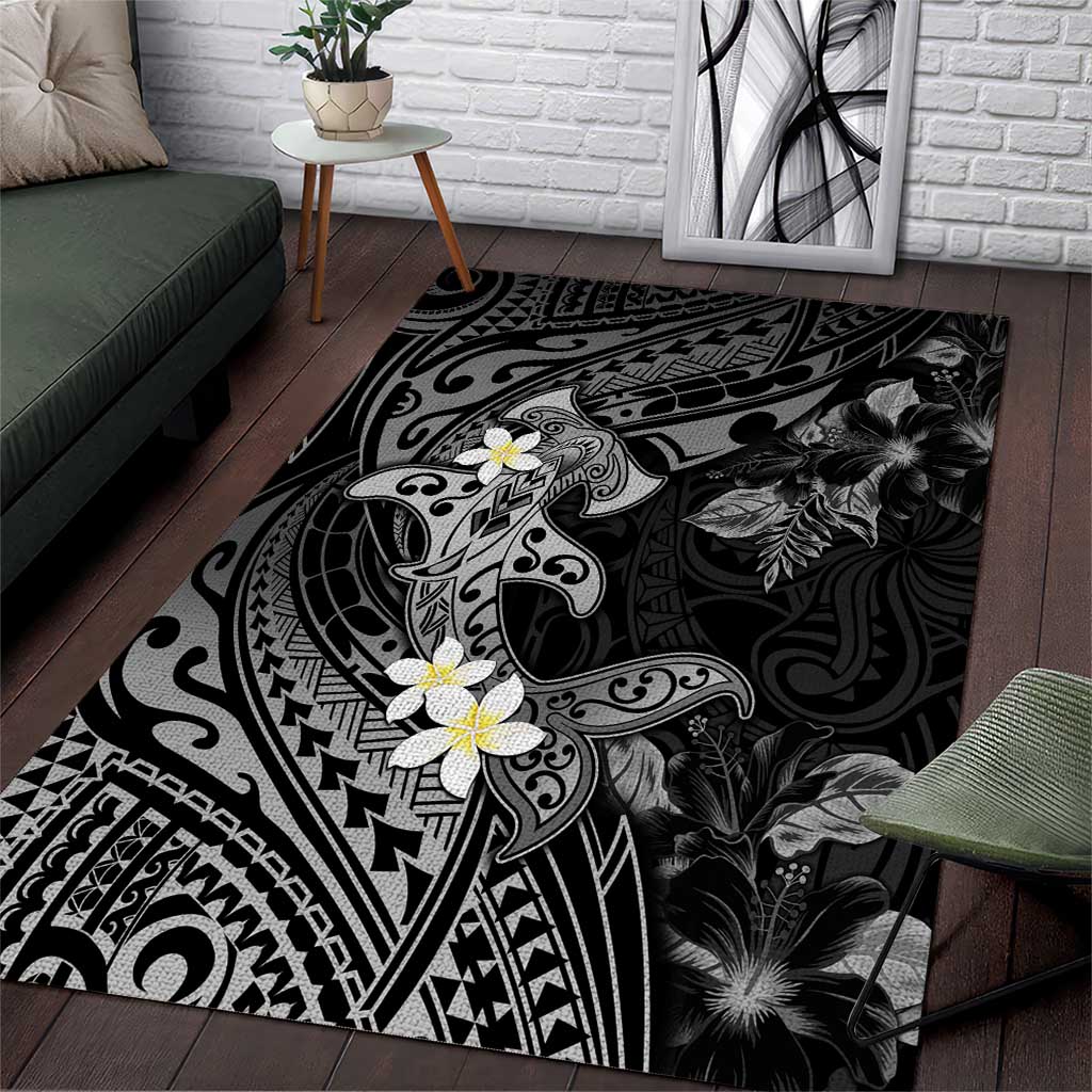 Polynesia Hammerhead Shark Area Rug Tropical Flowers Tribal Pattern Black