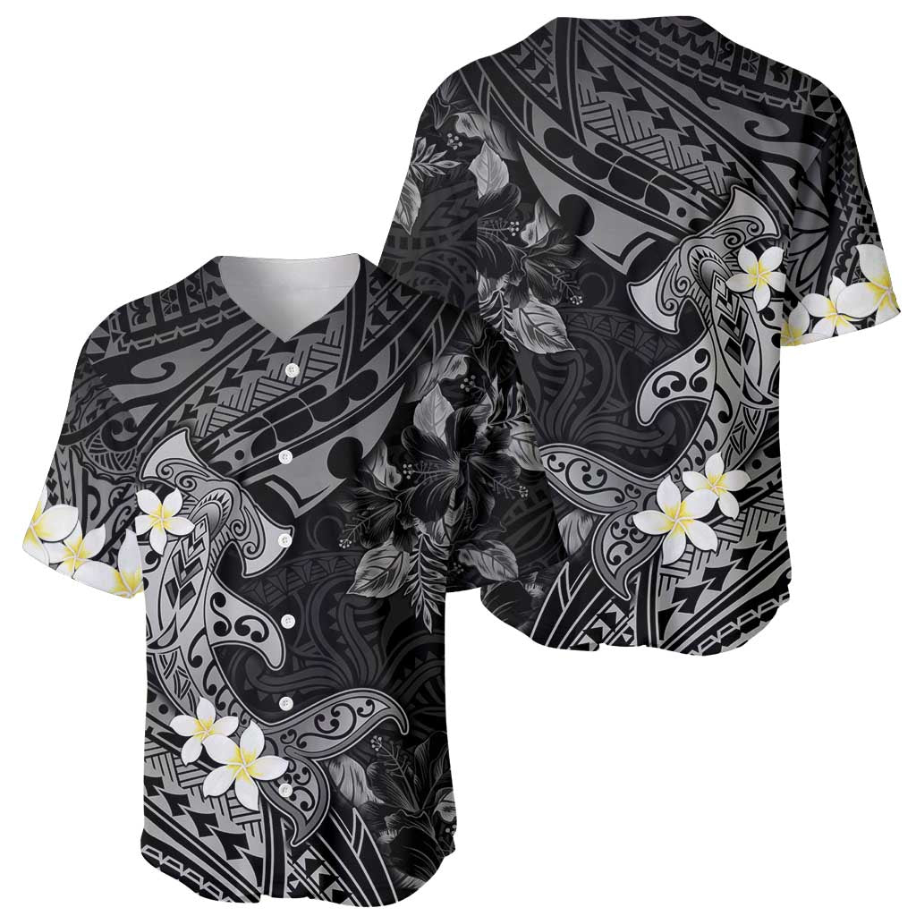 Polynesia Hammerhead Shark Baseball Jersey Tropical Flowers Tribal Pattern Black LT05 - Polynesian Pride