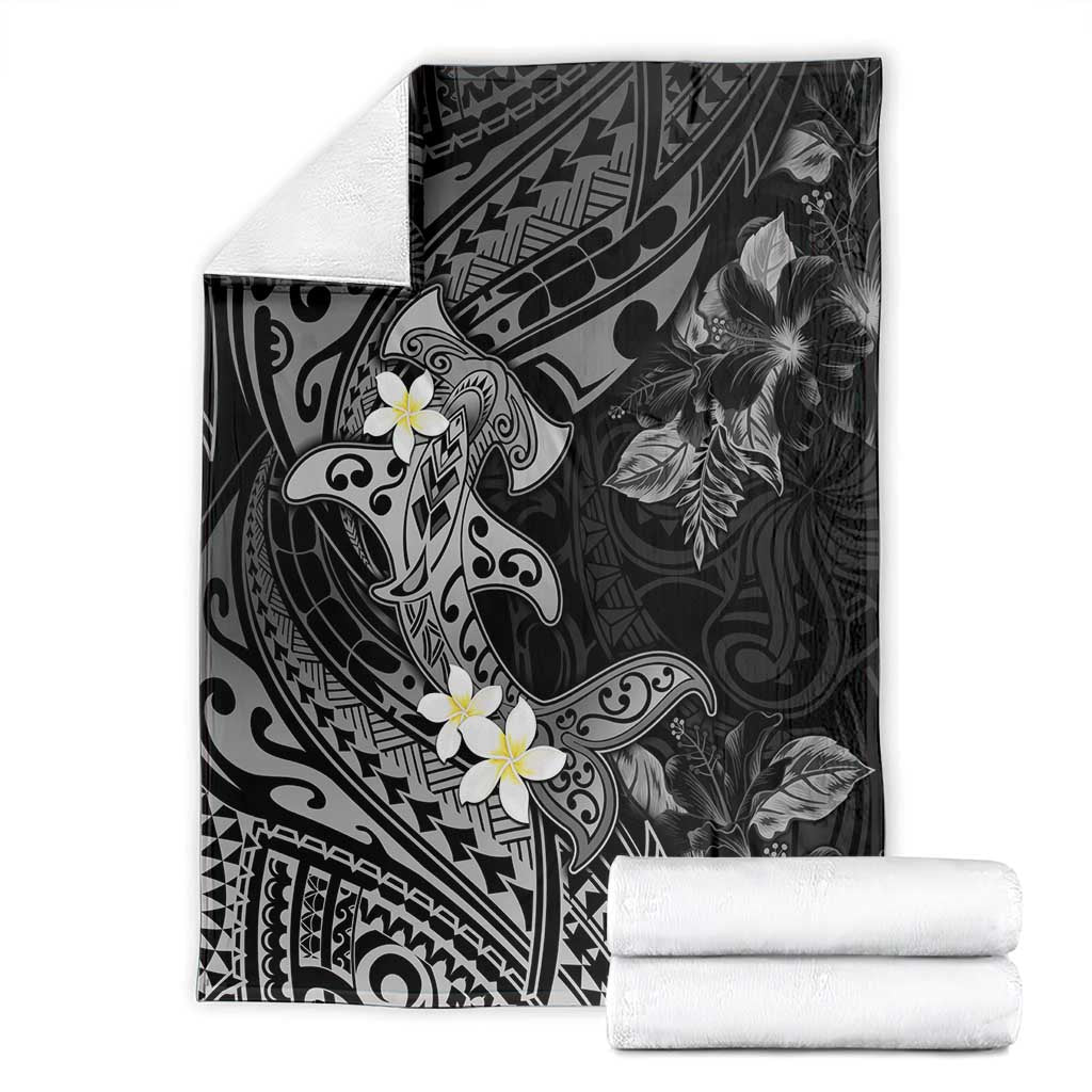 Polynesia Hammerhead Shark Blanket Tropical Flowers Tribal Pattern Black