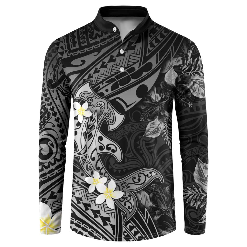 Polynesia Hammerhead Shark Button Sweatshirt Tropical Flowers Tribal Pattern Black LT05 Black - Polynesian Pride
